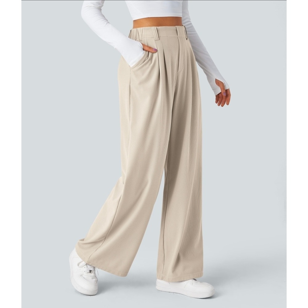 Halara Flex High Waisted Wide Leg Waffle Pants Buttermilk White Large NWT